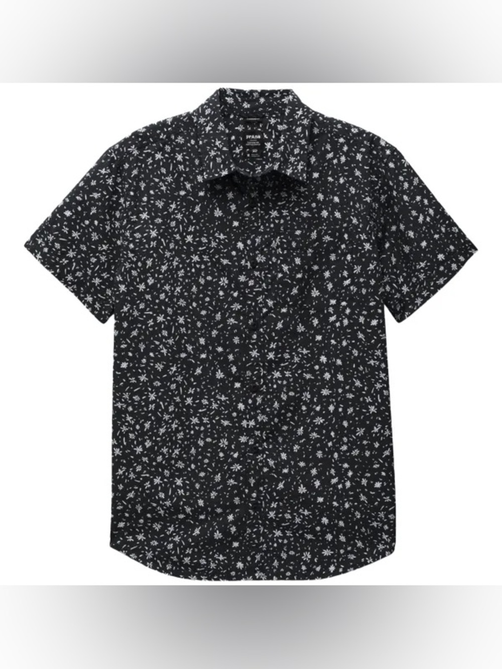 prAna Men's Stimmersee Shirt in a black and white floral pattern.
